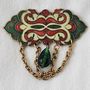 Gold Tone Antique Vintage Chained Cloisonne Enamel‎ Brooch Pin Green Czech Bead